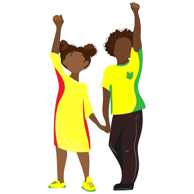 Black skinned African American kids with raised fists up vector isolated illustration in flat style