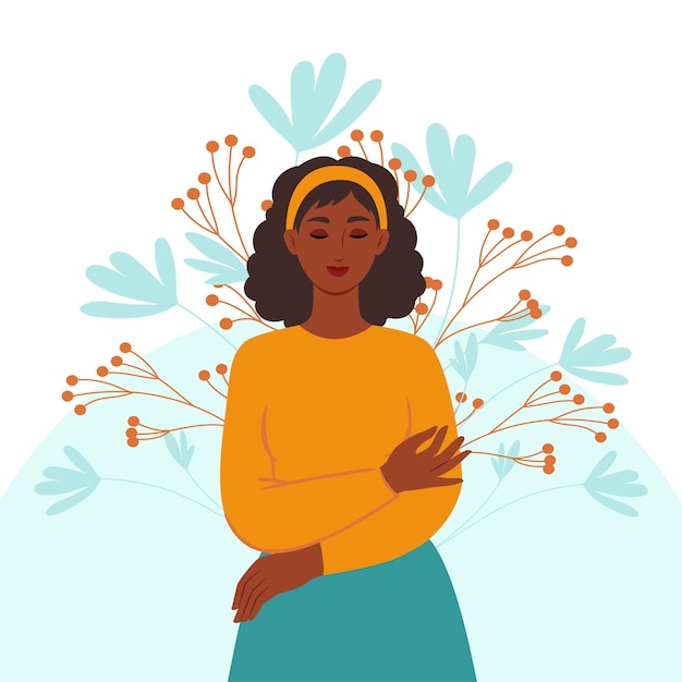 Black skinned woman hugs herself concept of psychological health and self love Vector illustration