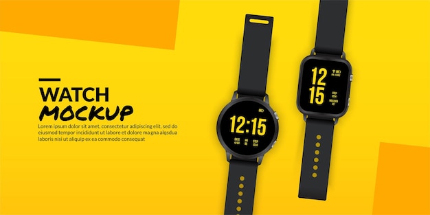 Black smart watches isolated on yellow background, Smart wear technology concept