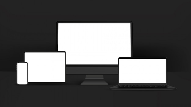 Black smartphone, tablet, personal computer, laptop isolated on white background. Realistic and detailed devices  