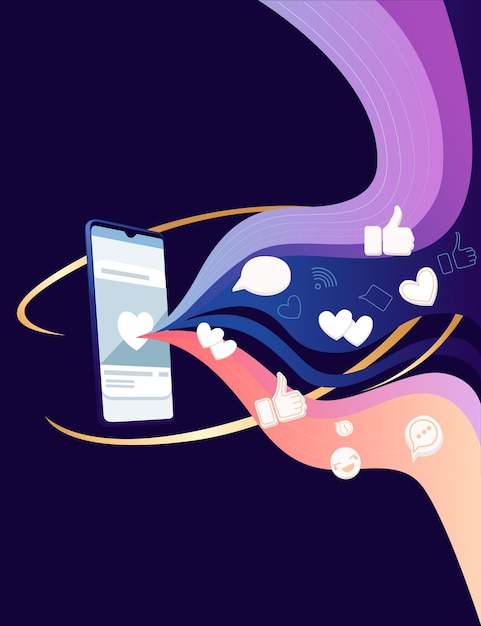 Smartphone nero con onda di colore astratto e cuori ama i pollici in su piattaforma di social media piatta illustrazione vettoriale su sfondo blu
