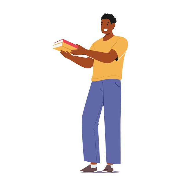 Vector black smiling male character stands tall clutching a stack of books his posture exudes knowledge man giving or exchange book concept of reading and bookcrossing cartoon people vector illustration