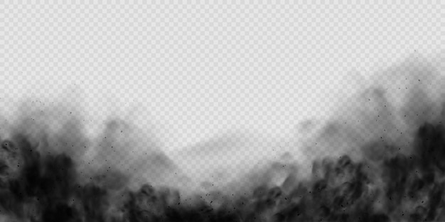 Black smoke clouds, dirty toxic fog or smog. Vector realistic illustration of dark smoky from fire or explosion. Black fume texture isolated on transparent background.