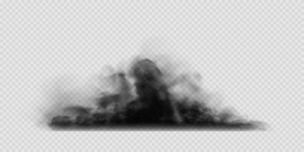 Vector black smoke clouds dirty toxic fog or smog vector realistic illustration of dark smoky from fire explosion or burning coal black fume texture isolated on transparent background
