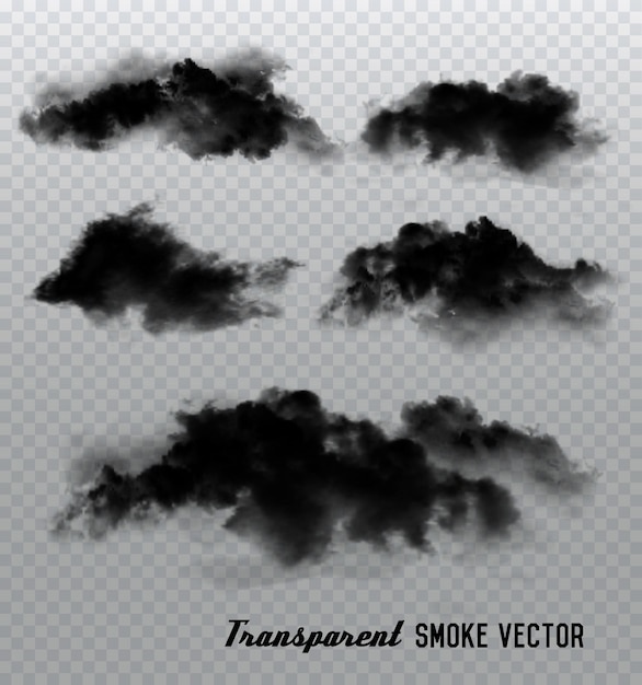 Black smoke and clouds vectors on transparent background