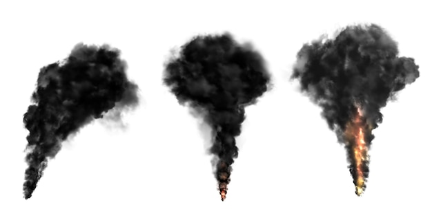 Vector black smoke and smog clouds with fire flames