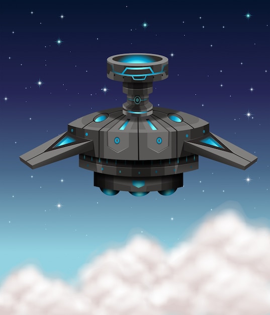Vector black spaceship flying at night