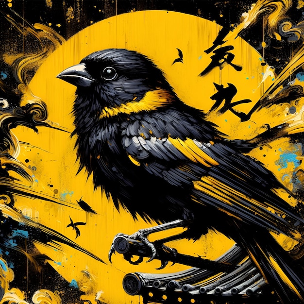 Black sparrow with shocking yellow background in Japanese style