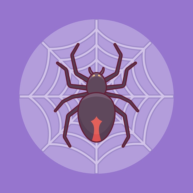 Black spider on the web in flat line style. halloween element.