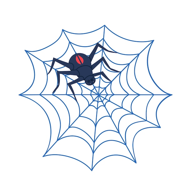 Vector black spider with red mark on a web simple cartoon style on white background halloween decoration