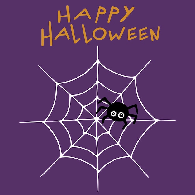 Black spider with web on purple background Happy Halloween