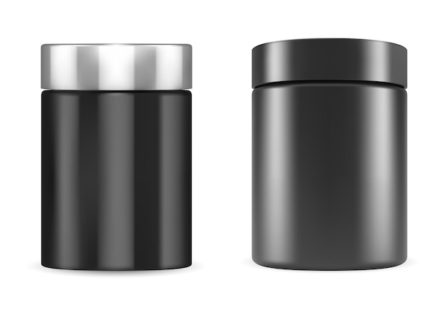 black sport supplement jar cylinder container mockup for vitamin tablets or protein powder