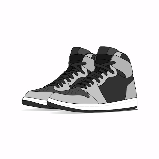 Sneakers sportive nere con lacci grigi isolati su sfondo bianco.