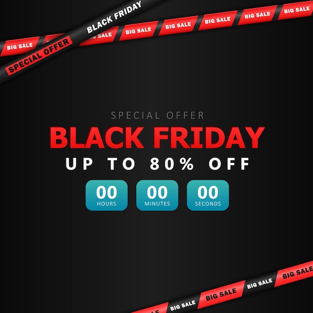 Black square ad banner with crossed tapes and sale countdown for Black Friday event Promo post