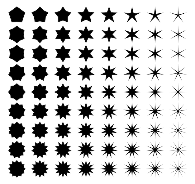 Vector black stars set with different angles geometric star badges