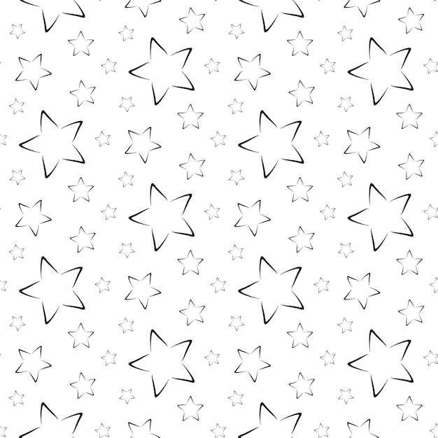 Black stars on white background seamless pattern. Hand drawn doodle vector.