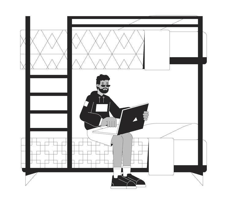 Vector black student sitting on bunkbed with laptop flat line black white vector character editable outline full body person studying in bed simple cartoon isolated spot illustration for web design