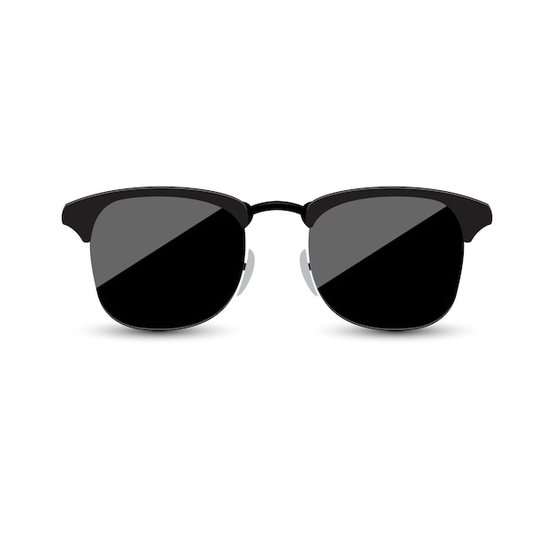 Black sunglasses with dark glass on white background.