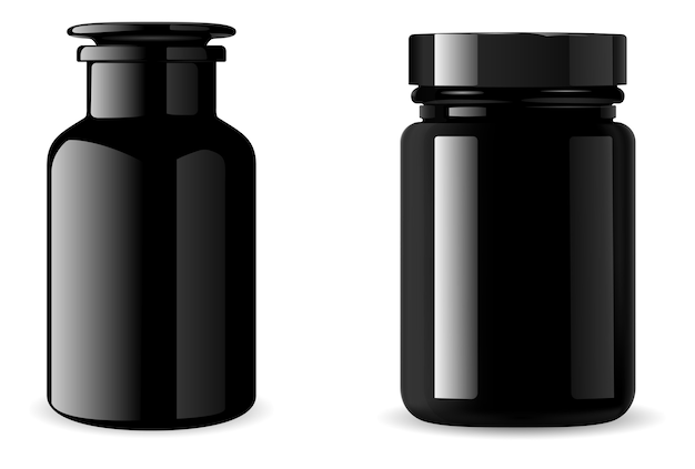 Vector black supplement bottle. medicine jar. 3d