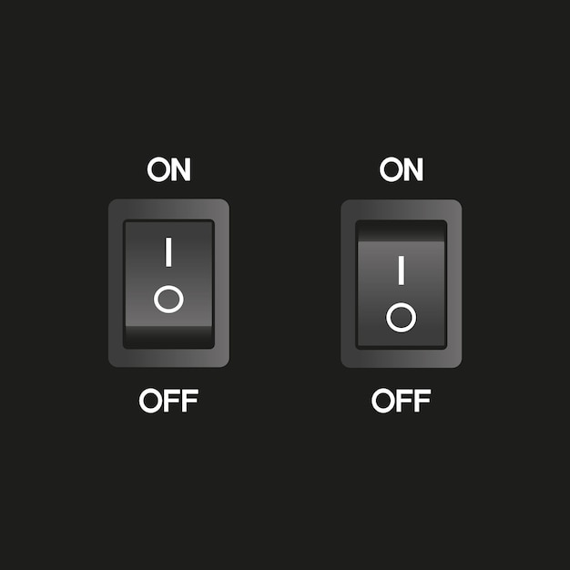 Черный выключатель с белыми ярлыками и надписями в двух положениях Включить и выключить