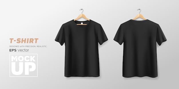 Black t shirt front and back mockup hanging realistic collections, template design, EPS10 Vector