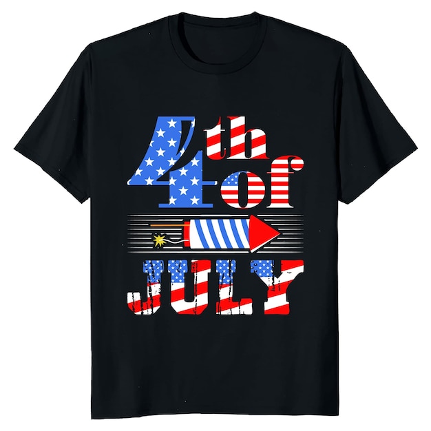 A black t - shirt that says the 4th of july on it.