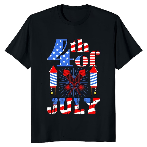 A black t - shirt that says " 4th of july " on it.