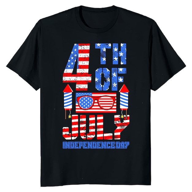 A black t - shirt that says " 4th of july " on it.