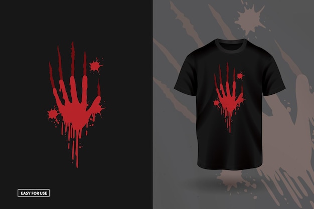 A black t - shirt with a bloody hand print on it