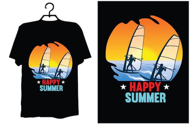 A black t - shirt with a happy summer logo on it.