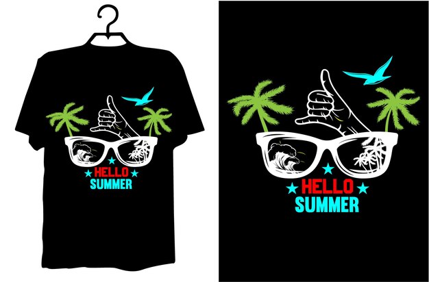 A black t - shirt with a hello summer logo on it