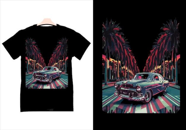 a black t shirt with a palm tree and car