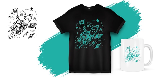 Vector a black t shirt with a picture of a rocket and space theme design