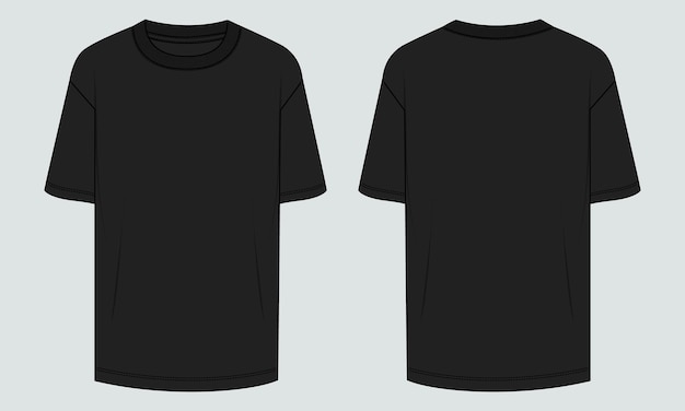 T-shirt nera con schiena liscia e vista laterale.