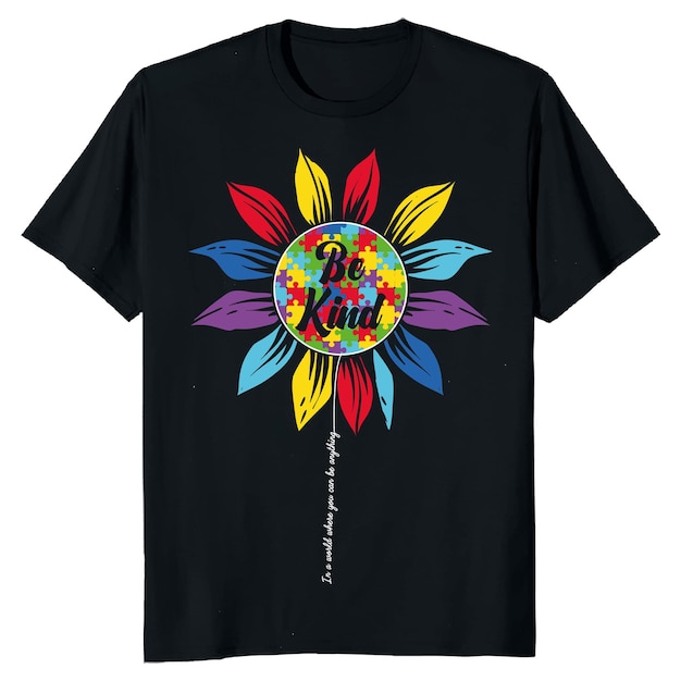 A black t - shirt with a sunflower on it that says be kind.