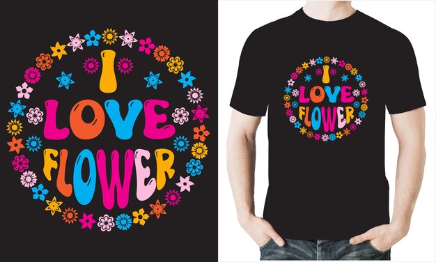 「I love flower」と書かれた黒いTシャツ。