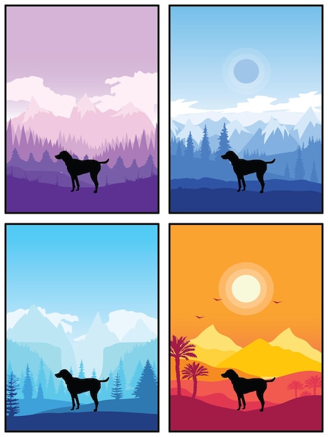 Black And Tan Virginia Foxhound Dog Breed Silhouette Sunset Forest Nature Background 4 Posters Cards