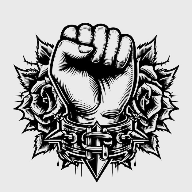 black tattoo design of a punk closed fist with roses and thorns vector