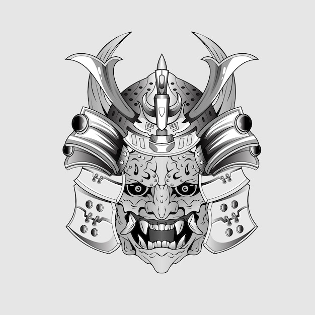 黒の入れ墨サムライ マスク鬼悪魔日本の伝統的な戦士ヘルメット シンボル エンブレムのコンセプト