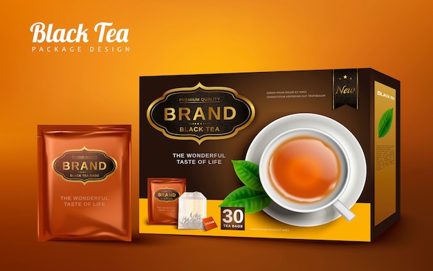 Black tea box and handy package , isolated brown background