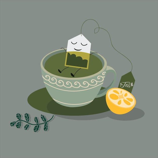 Black tea a cup of warm tea and a lemon wedge Tea bags tea leaves