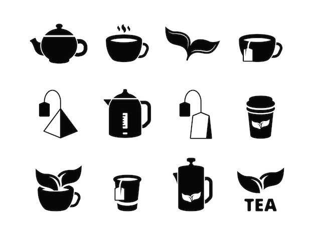 Black tea icons. Brewing herbal hot drinks iced and leaves  pictogram set.