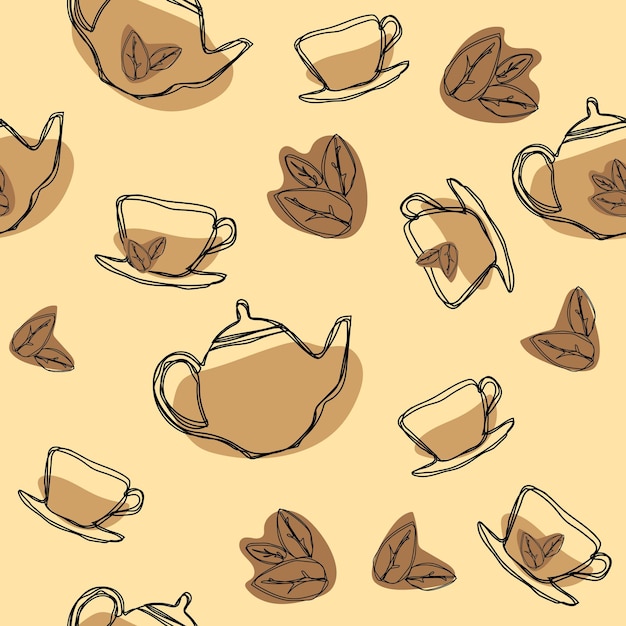 Black tea leaf teapots and cups seamless pattern Hand drawing vintage texture