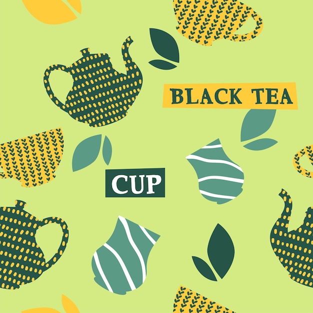 Black tea pots and cups for hot beverage print