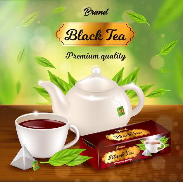 Banner promozionale per tè nero, vaso, tazza con bevanda