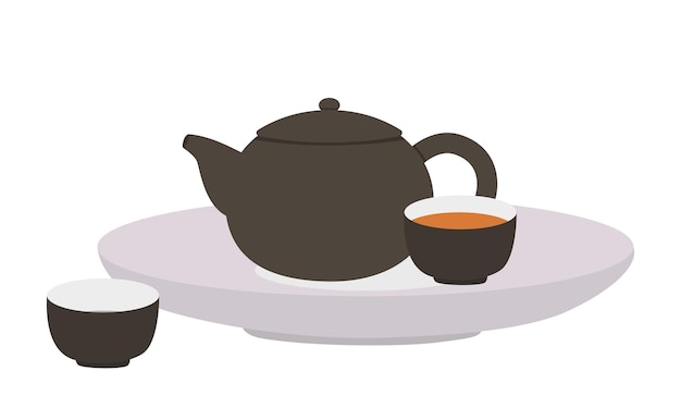 Клипарт Черный чайный сервиз. Китайский коричневый чайник и чашки на векторной иллюстрации тарелки
