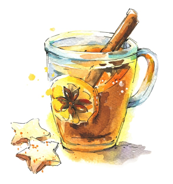 Black tea with lemon and spices served in transparent mug with cookies watercolor illustration