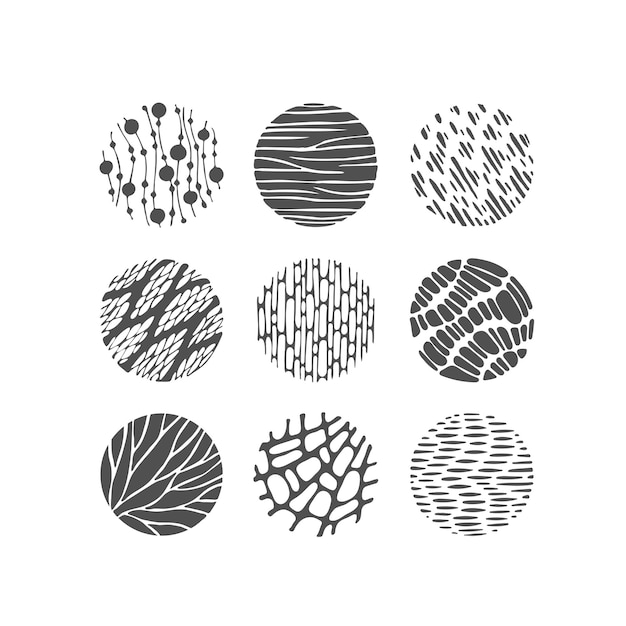 Black textured graphical  elements, pattern circles, round monochromatic decorations.