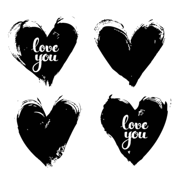 Black textured smears heart shapes with love you calligraphic inscription vector objects isolated on a white background