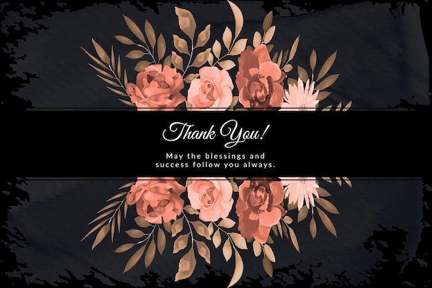Black Thank you card with Pink roses with watercolor floral frame Free Vector